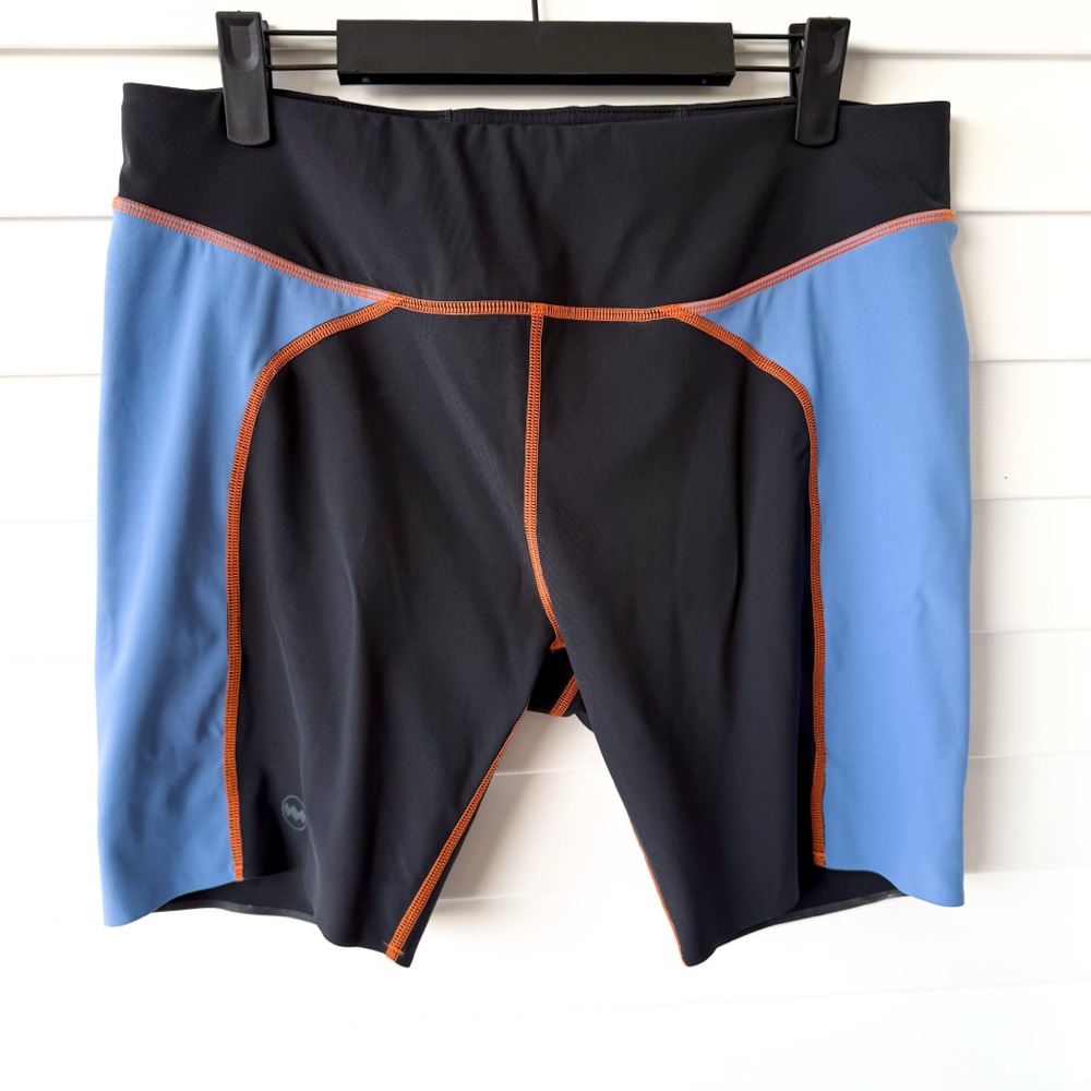 Janji Women's Athletic Shorts in Black, Blue with Orange Trim